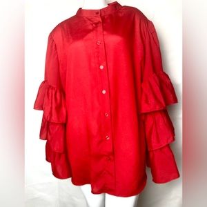 Ashley Stewart Red Ruffle Sleeve Dressy Blouse Exaggerated Sleeve Formal Size 22